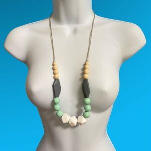 Silicone Beads Necklace Mint Green Gray White On Cording Snap Apart Clasp